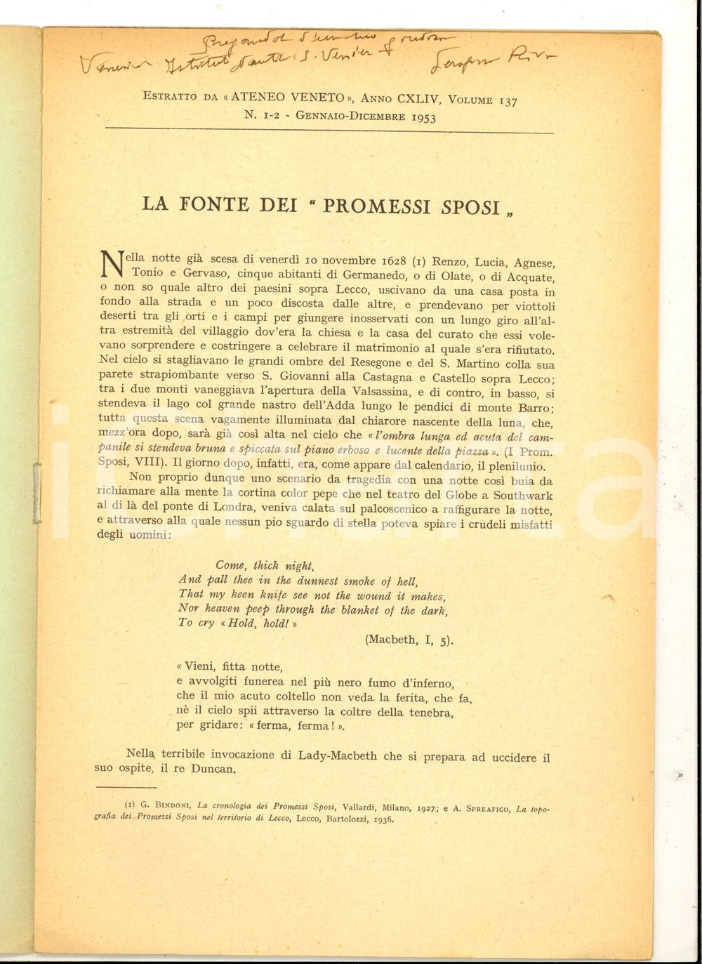 Libro, pubblicazione d epoca 1953 Serafino RIVA La fonte dei Promessi sposi  Invio autografo 14 pp. 1