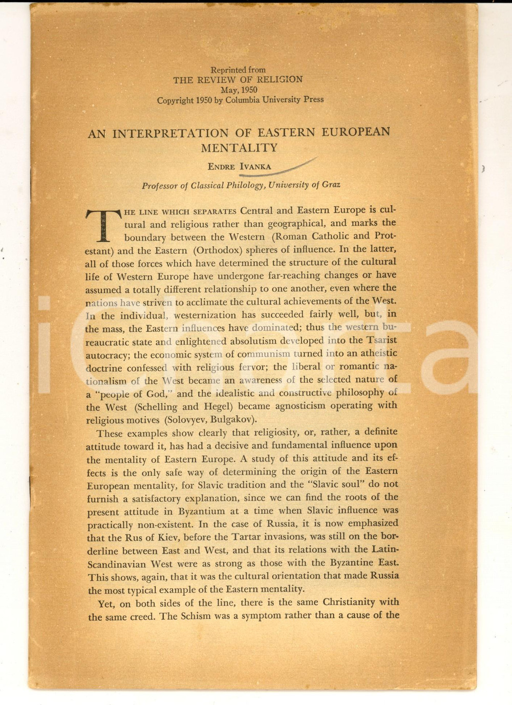 Libro, pubblicazione d epoca 1950 Endre IVANKA An interpretation of eastern european mentality 26 pp. 1