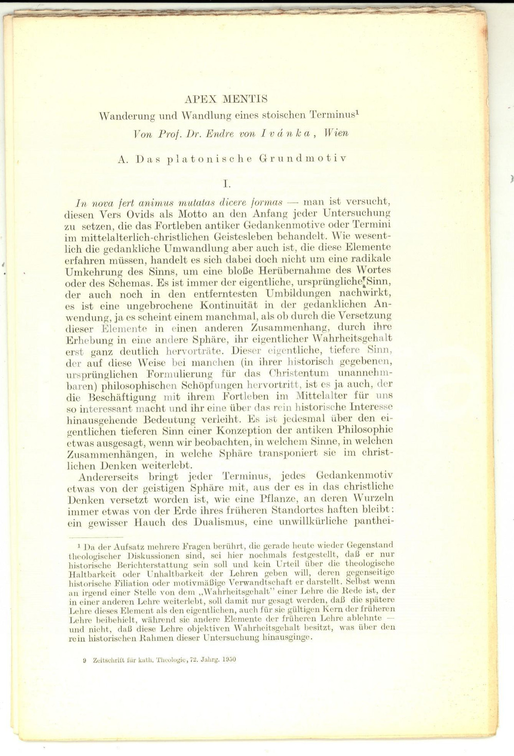 Libro, pubblicazione d epoca 1950 Endre IVANKA Apex Mentis  Das platonische Grundmotiv  Estratto 46 pp. 1