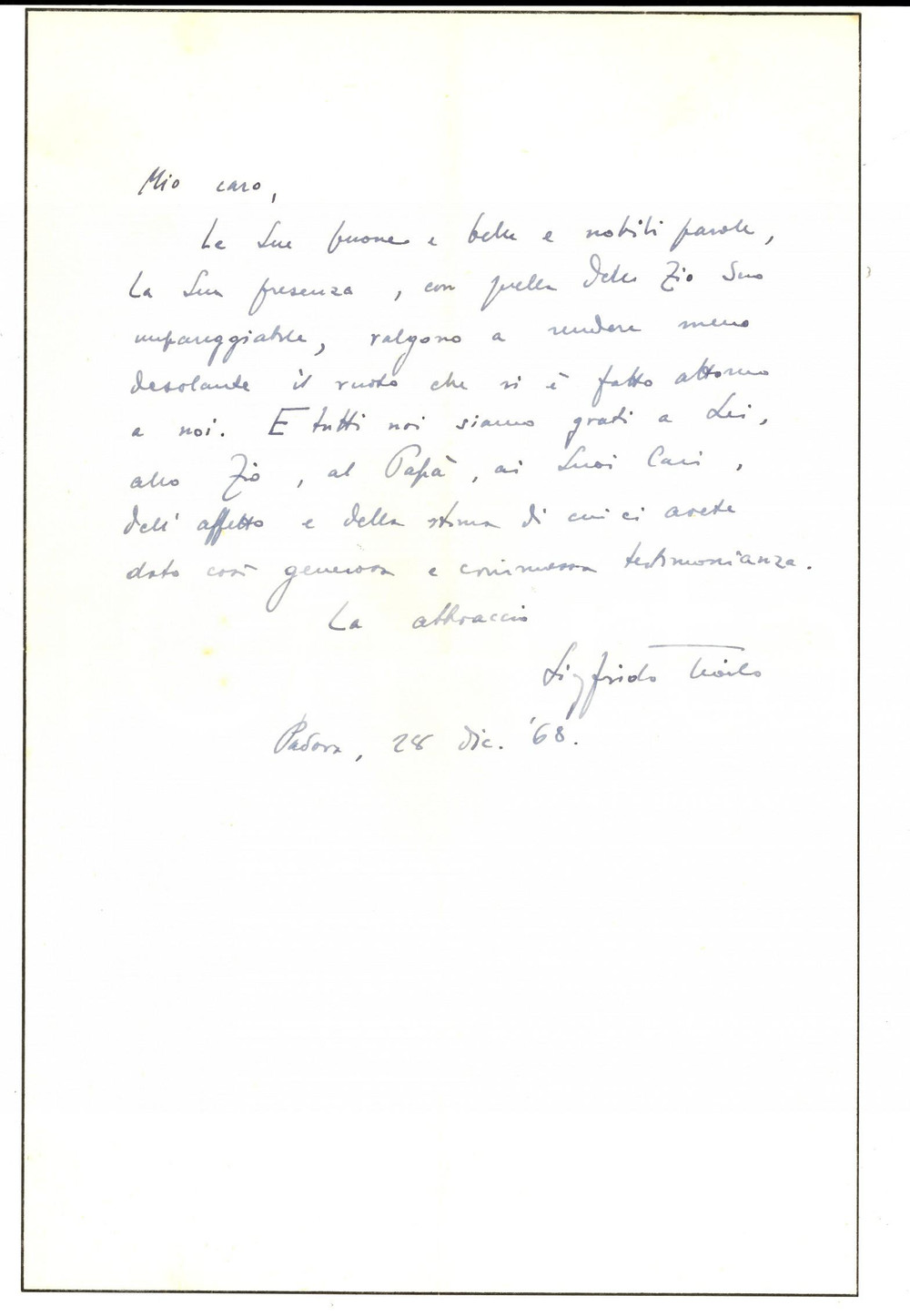 Autografo originale 1968 ROMA Lettera Sigfrido TROILO per ringraziamento a un conoscente Autografo 1