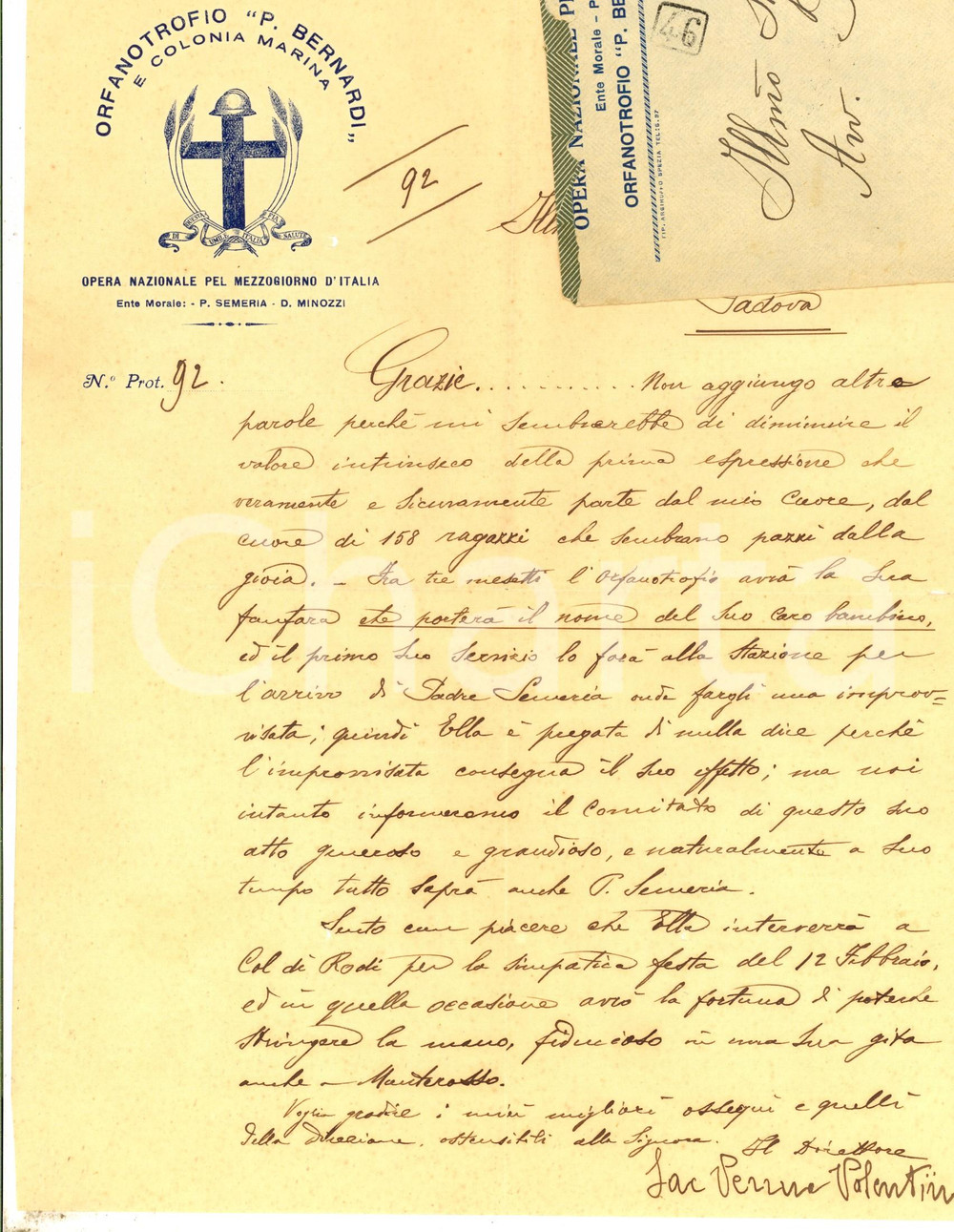 Autografo originale 1928 MONTEROSSO AL MARE Orfanotrofio P. Bernardi Lettera don Valentino VERRUA 1
