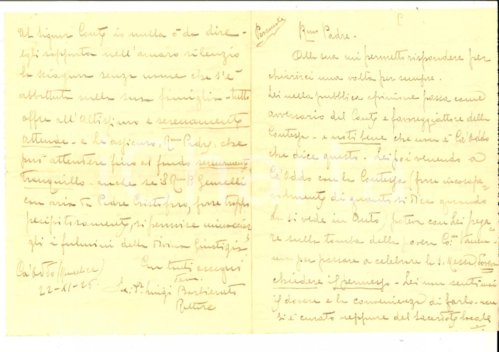 Autografo originale 1930 ca MONSELICE Don Luigi BARBIERATO rimprovera lo sgarbo a un sacerdote 1