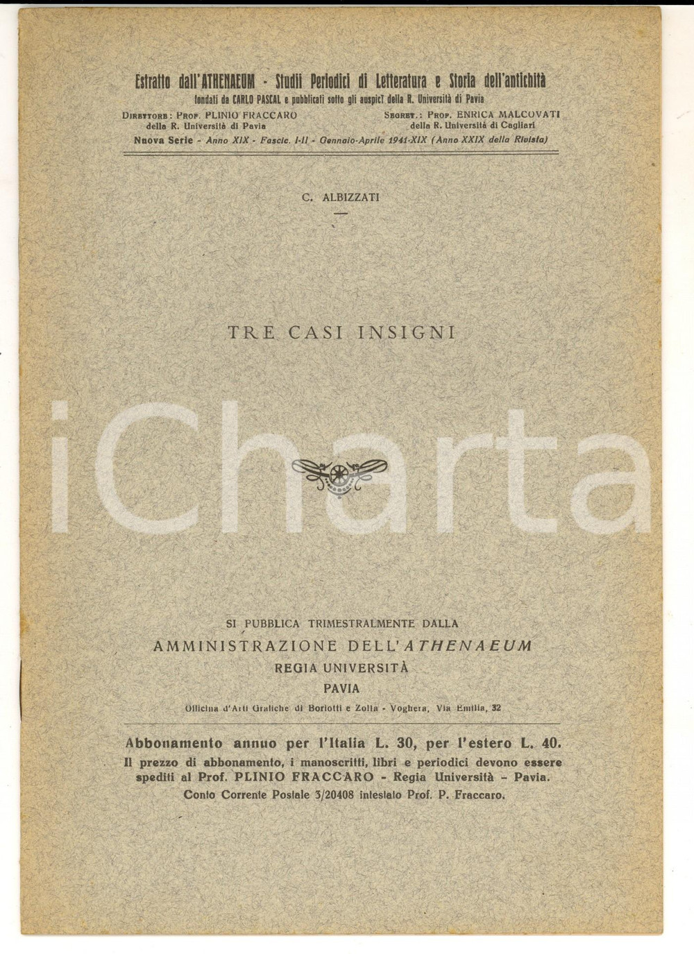 Libro, pubblicazione d epoca 1941 Carlo ALBIZZATI Tre casi insigni  Estratto Athenaeum 14 pp. 1