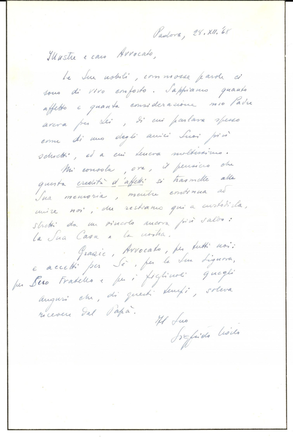 Autografo originale 1968 PADOVA Lettera Sigfrido TROILO per ringraziamento a un conoscente AUTOGRAFO 1