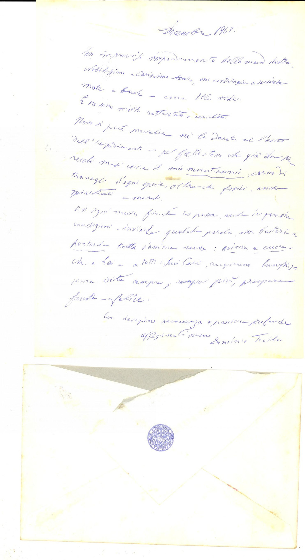 Autografo originale 1963 PADOVA Lettera di auguri di Erminio TROILO a un amico  Autografo 1