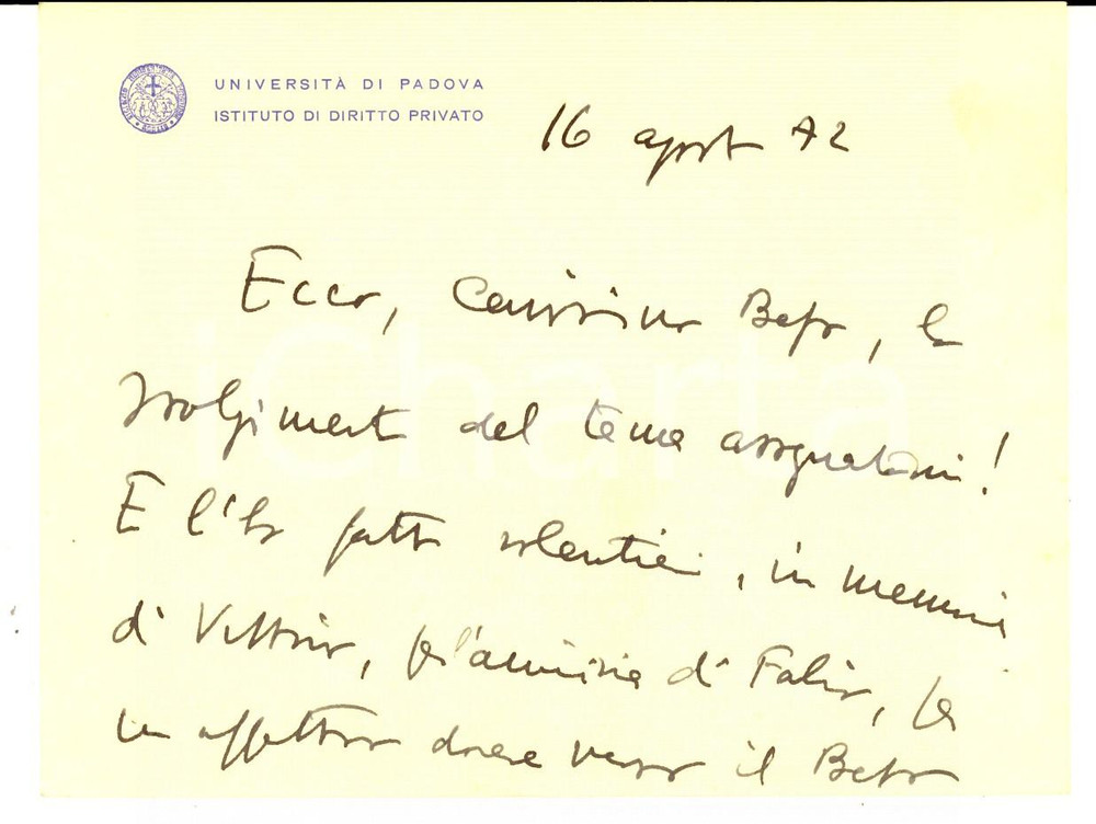 Autografo originale 1972 UniversitÃ  di PADOVA Biglietto Alberto TRABUCCHI per tema svolto Autografo 1