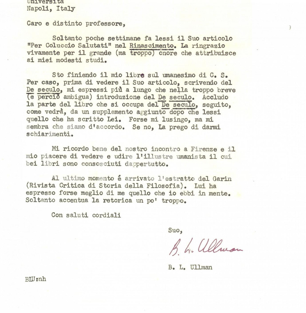 Autografo originale 1961 NORTH CAROLINA Berthold Louis ULLMAN a un collega umanista  Autografo 1
