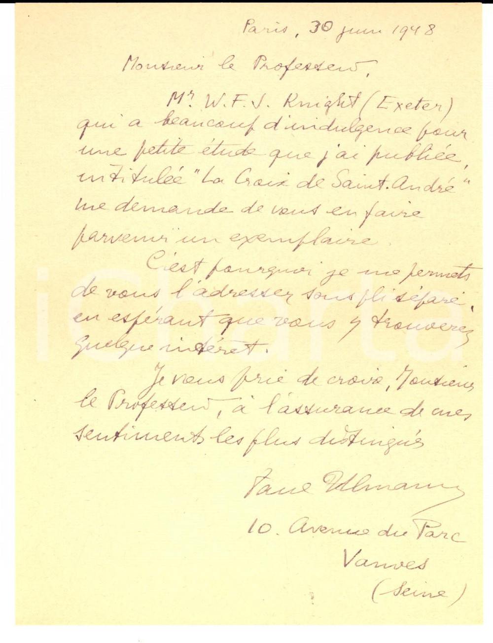 Autografo originale 1948 PARIS Lettera Paul ULMANN a un collega per invio articolo Autografo 1