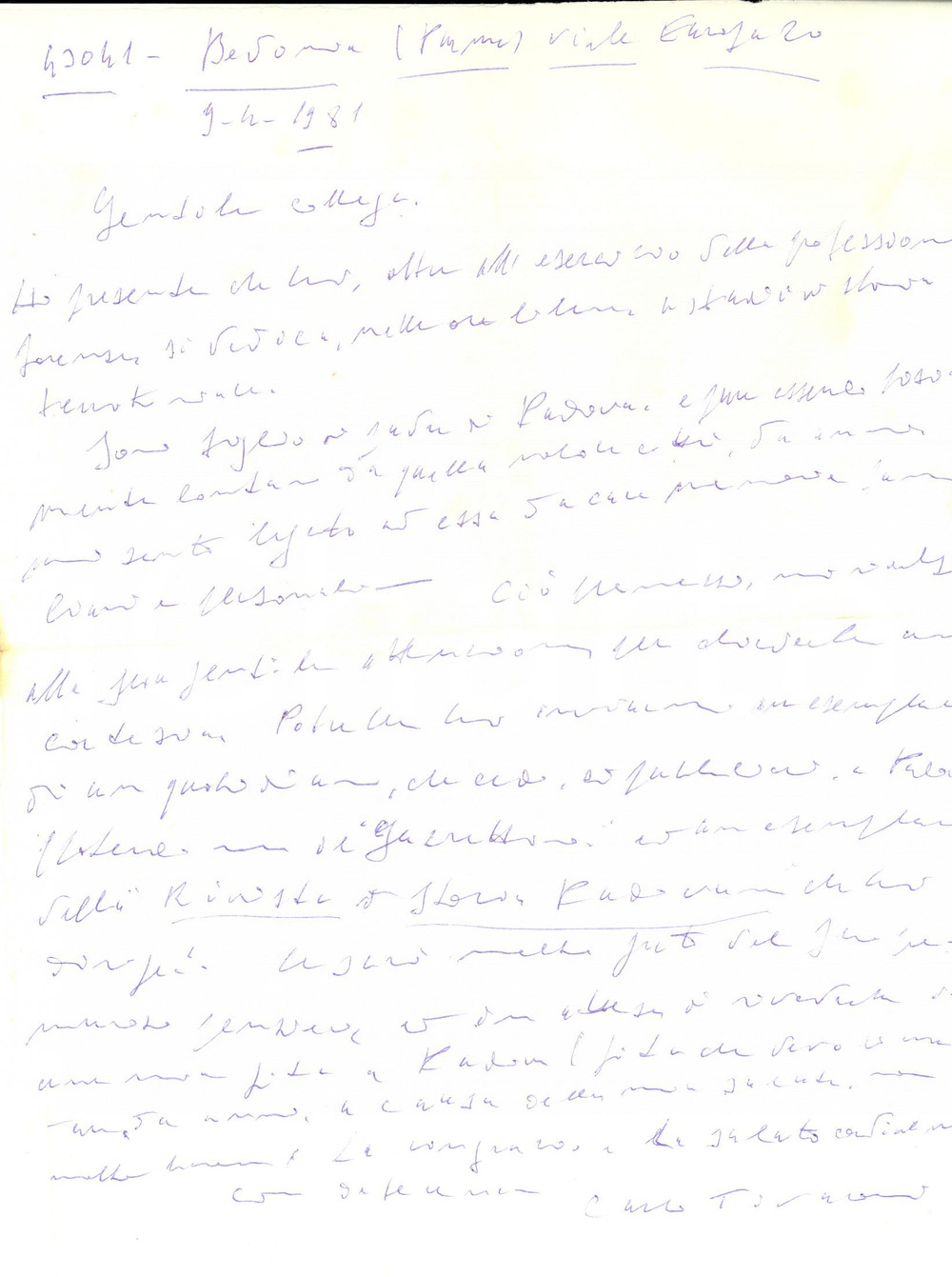 Manoscritto, lettera originale 1981 BEDONIA PR Lettera avv. Carlo TIVARONI per la copia di una rivista 1