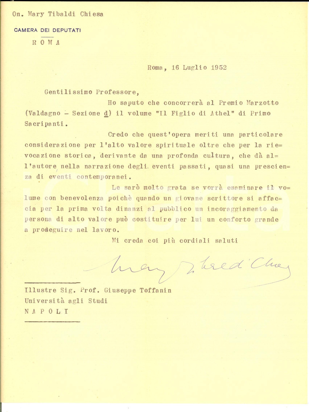 Manoscritto, lettera originale 1952 ROMA Mary TIBALDI CHIESA raccomanda l opera di Primo SACRIPANTI  Autografo 1