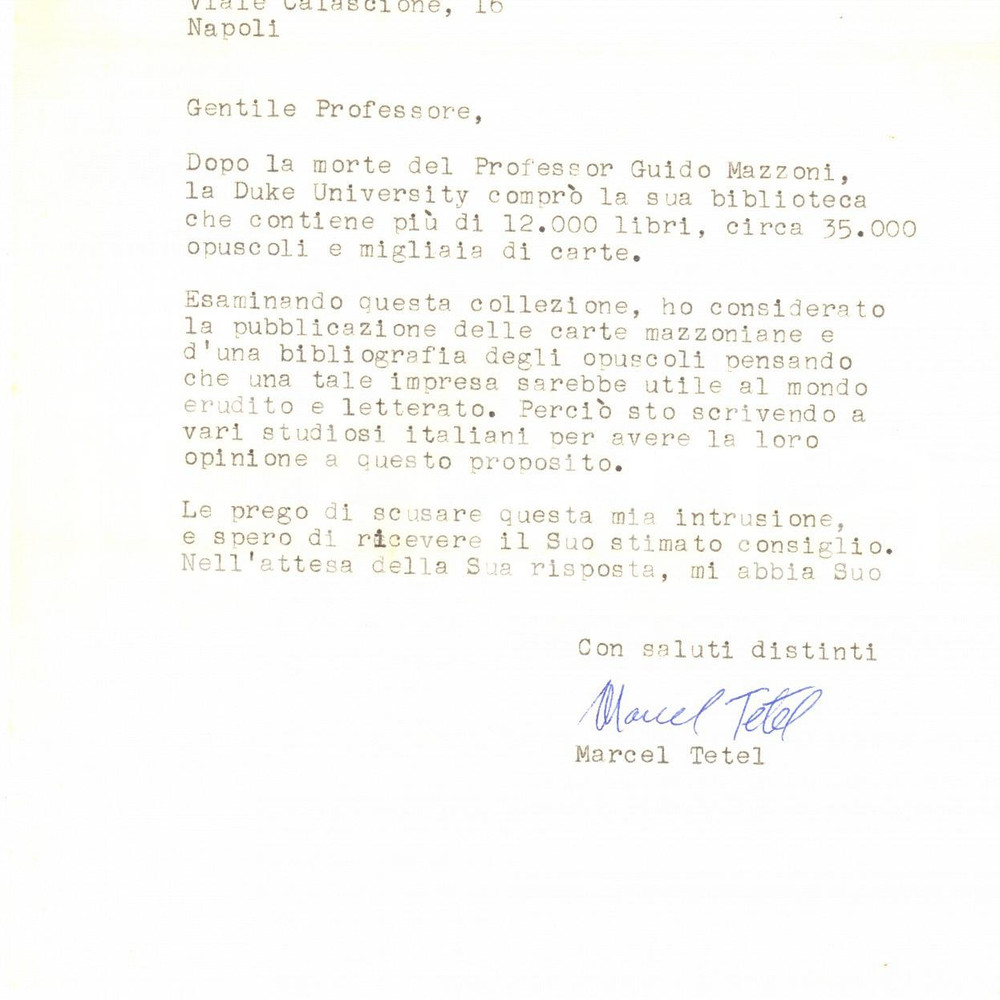 Manoscritto, lettera originale 1963 DURHAM NORTH CAROLINA Lettera Marcel TETEL su biblioteca Guido MAZZONI 1
