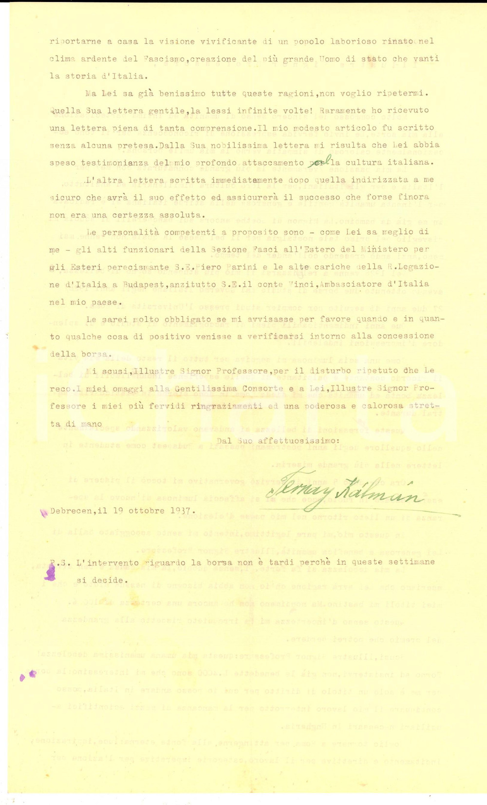 Manoscritto, lettera originale 1937 DEBRECEN Ternay KALMAN cerca borsa di studio per l Italia  Autografo 1