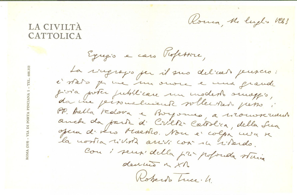 Autografo originale 1963 ROMA LA CIVILTA  CATTOLICA Ringraziamento padre Roberto TUCCI Autografo 1