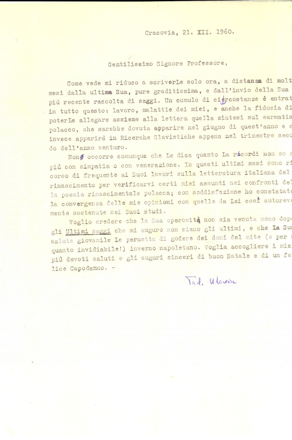 Autografo originale 1960 CRACOVIA Tadeusz ULEWICZ a un collega per studi Rinascimento Autografo 1