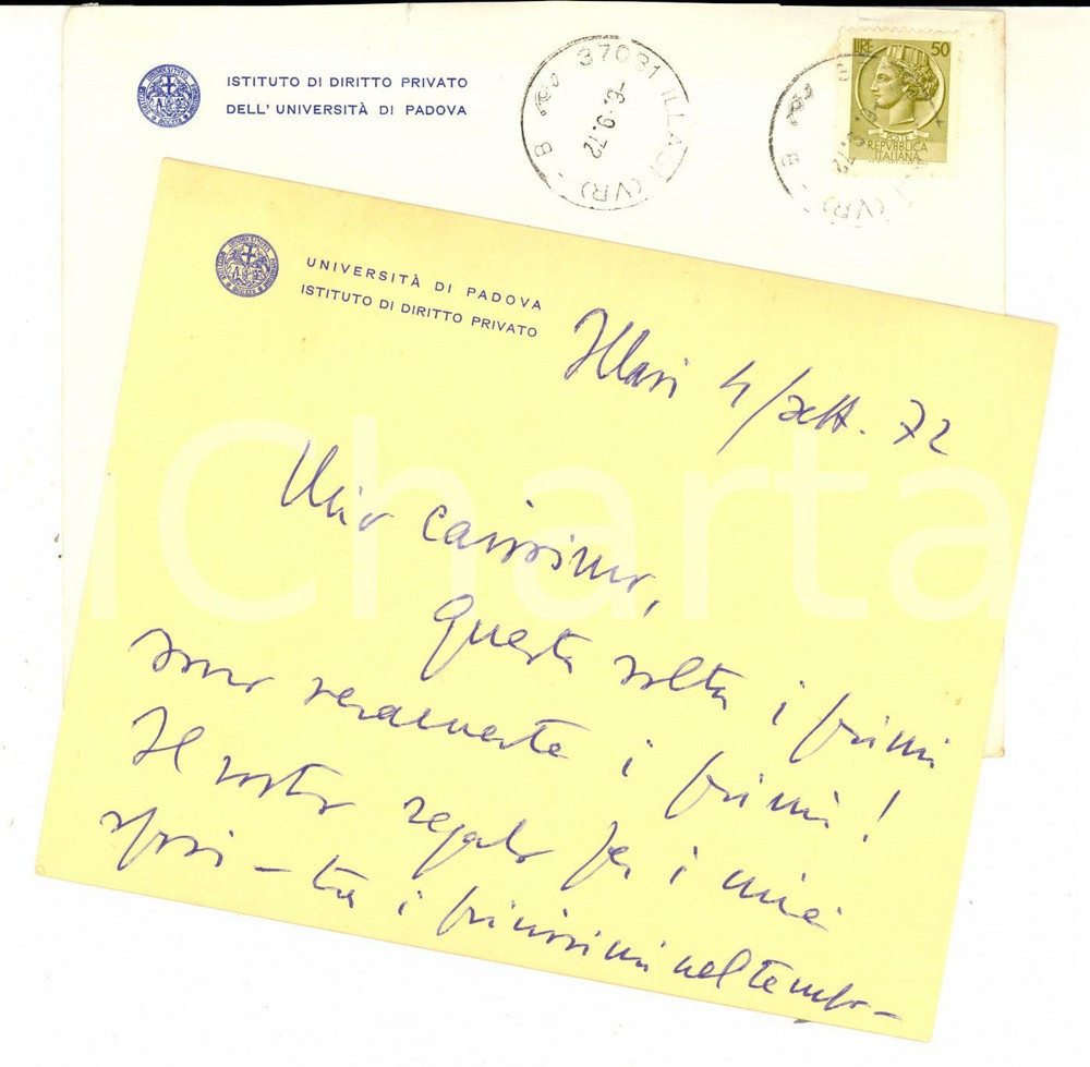 Autografo originale 1972 ILLASI Alberto TRABUCCHI ringrazia per un regalo  Biglietto autografo 1