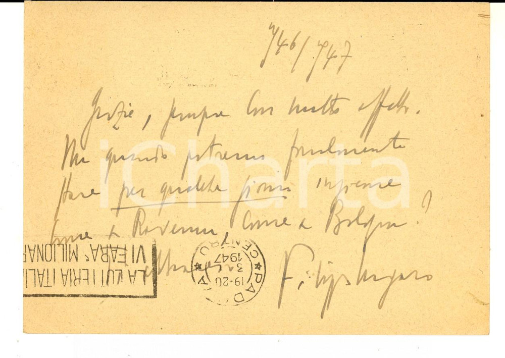 Autografo originale 1947 ROMA Cartolina ringraziamento avv. Filippo UNGARO a un collega  AUTOGRAFO 1