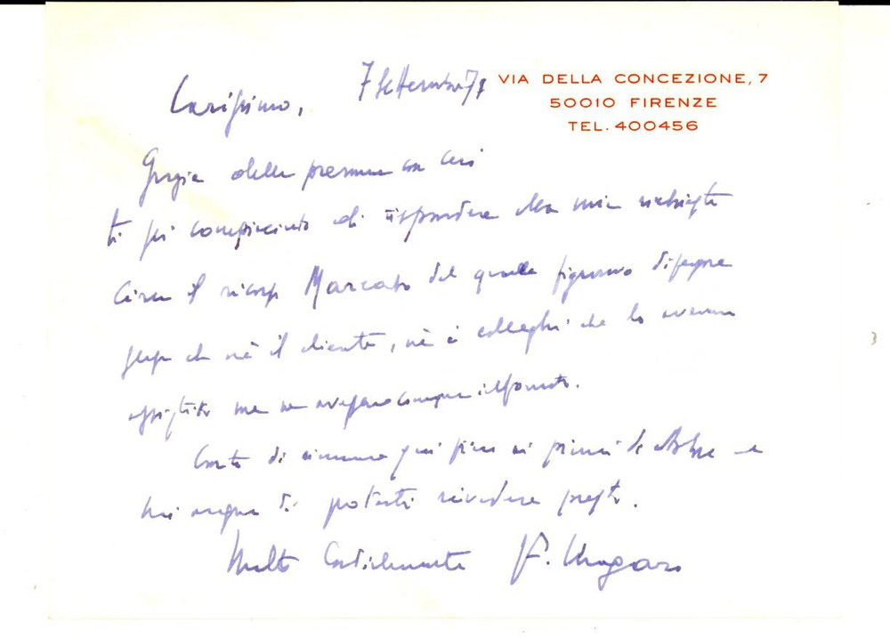 Autografo originale 1974 FIRENZE Biglietto avv. Filippo UNGARO a un collega per ricorso  AUTOGRAFO 1