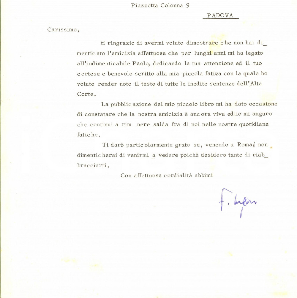 Autografo originale 1977 ROMA Lettera avv. Filippo UNGARO per libro pubblicato  AUTOGRAFO 1