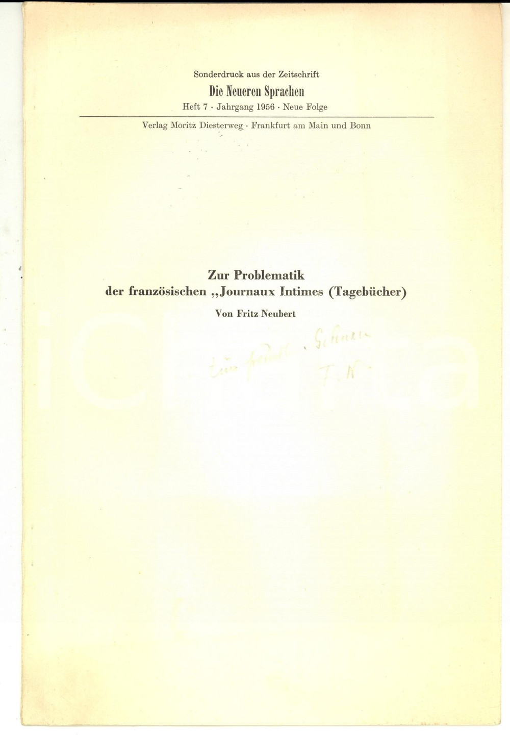 Libro, pubblicazione d epoca 1956 Fritz NEUBERT Problematik der franzosischen Journaux Intimes AUTOGRAFO 1
