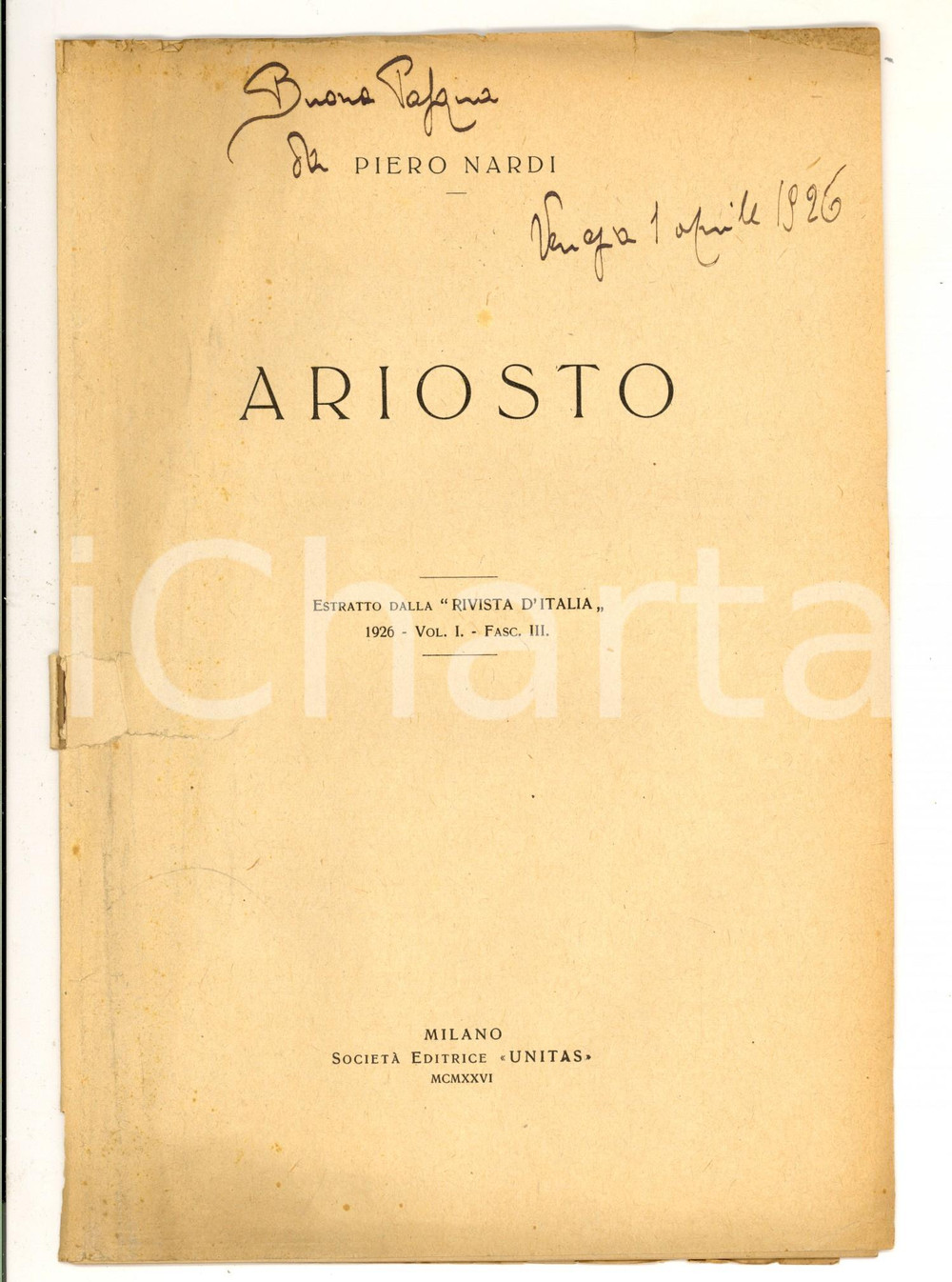 Libro, pubblicazione d epoca 1926 VENEZIA Piero NARDI  Ariosto   Estratto con invio autografo 30 pp. 1