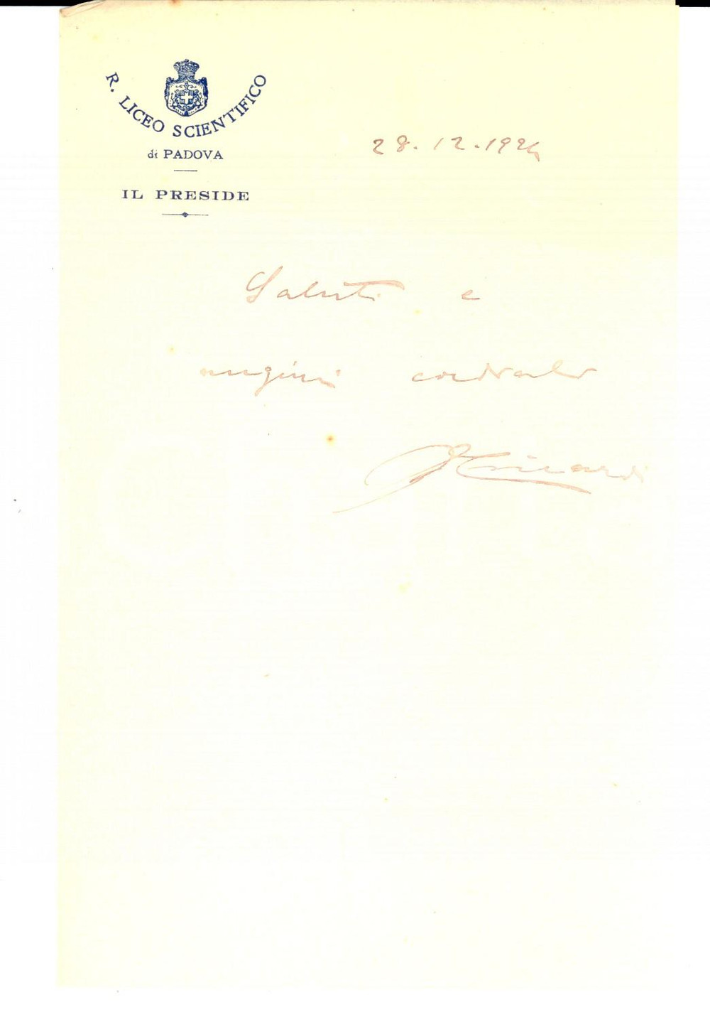 Autografo originale 1924 PADOVA Regio Liceo Scientifico  Lettera del preside per auguri 1