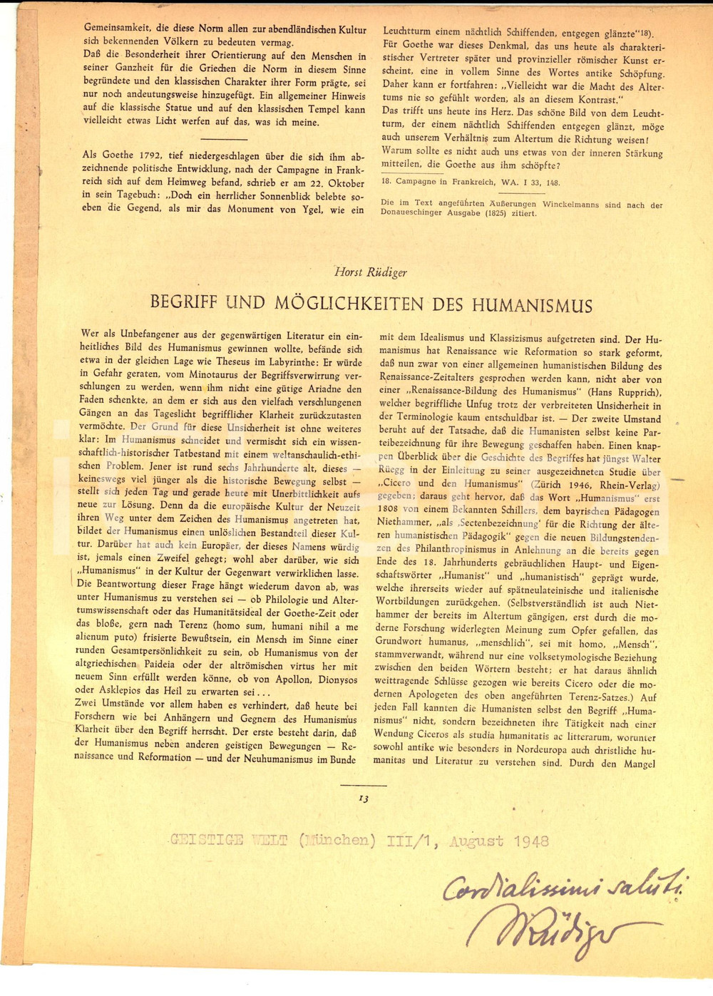 Libro, pubblicazione d epoca 1948 Horst RUDIGER Begriff und Moglichkeiten des Humanismus Invio autografo 1