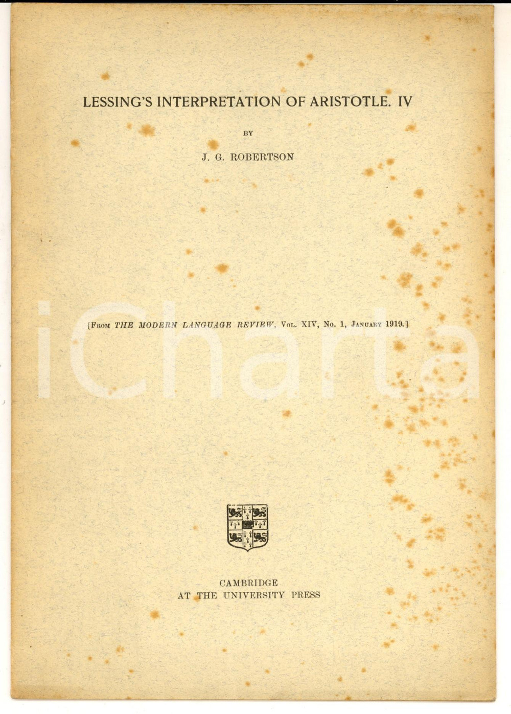 Libro, pubblicazione d epoca 1919 J. G. ROBERTSON Lessing s Interpretation of Aristotle, IV Estratto 1