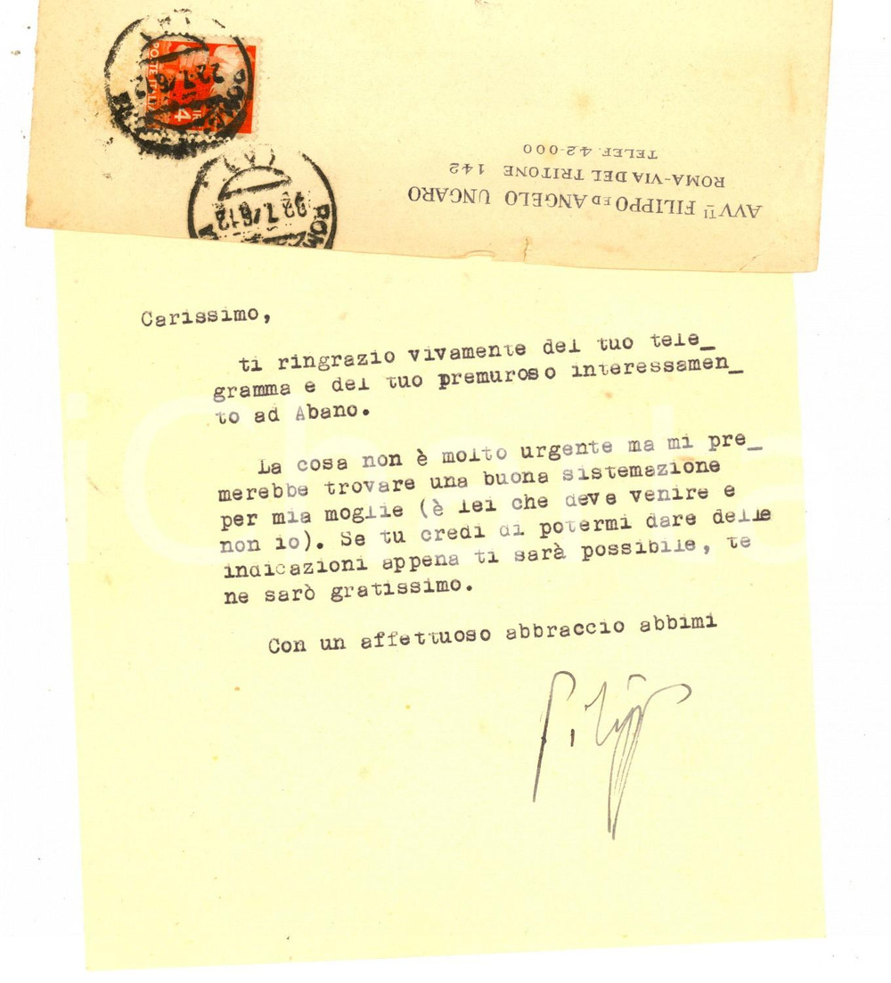 Autografo originale 1946 ROMA Lettera avv. Filippo UNGARO a favore della moglie  AUTOGRAFO 1