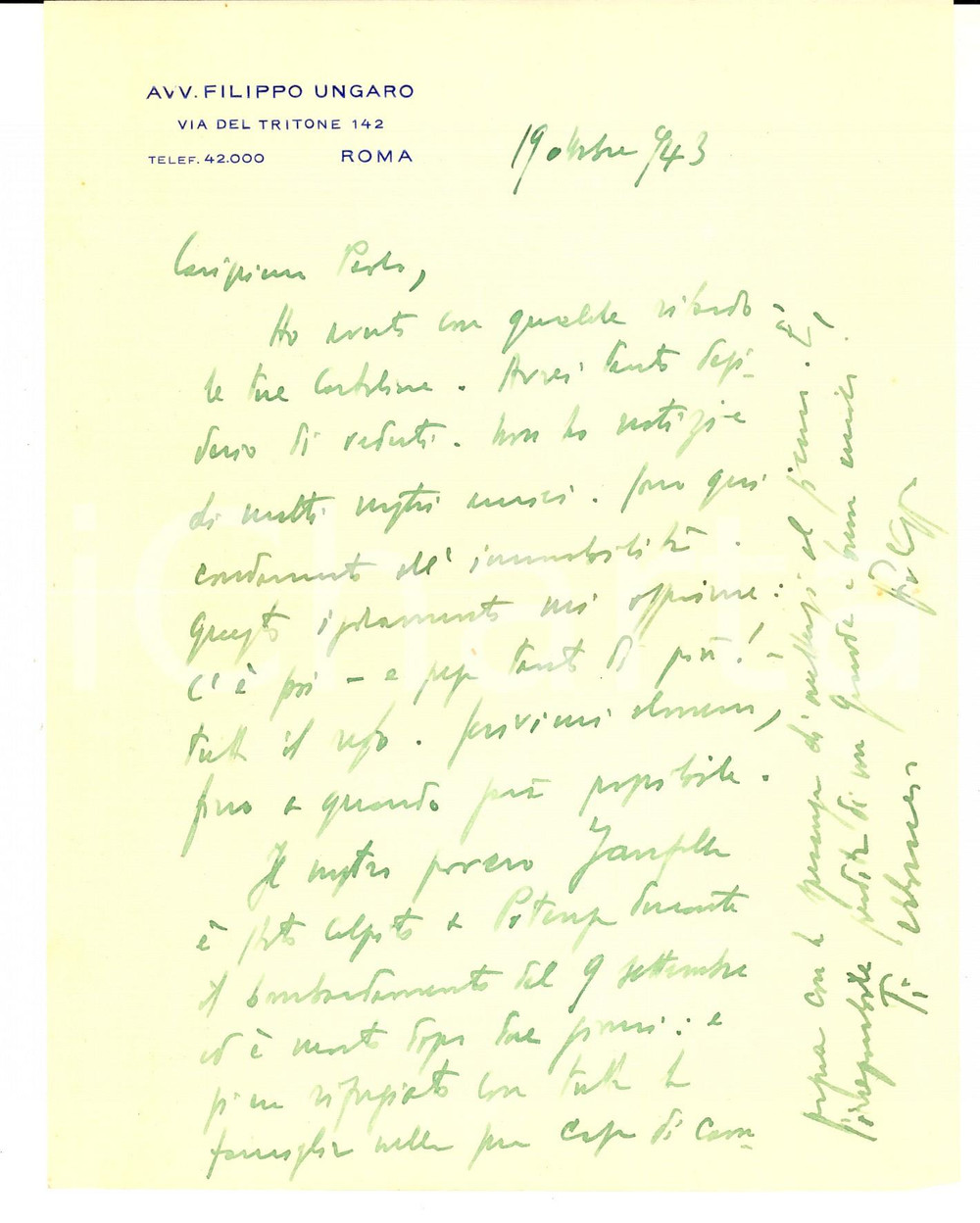 Autografo originale 1943 ROMA Avv. Filippo UNGARO su un collega vittima di bombardamento  AUTOGRAFO 1