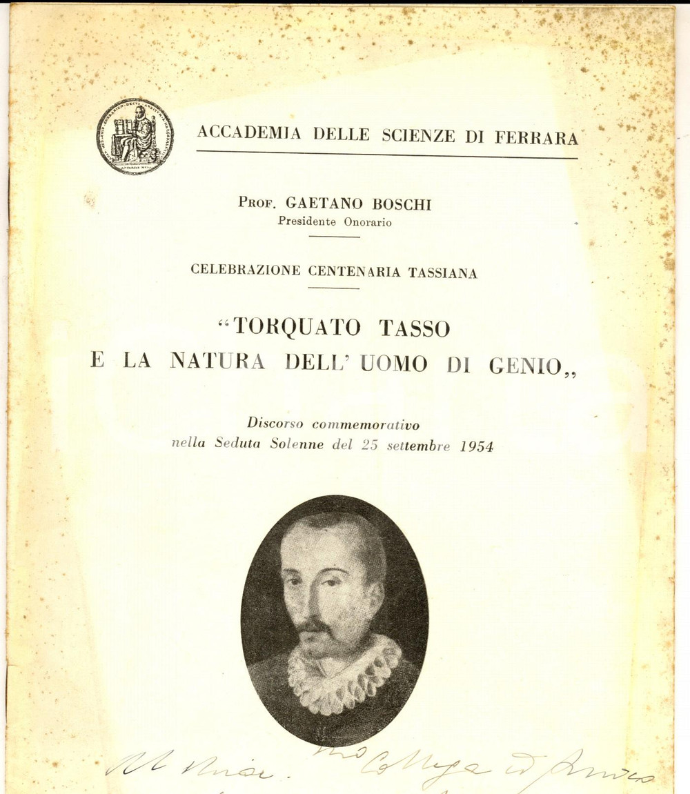 Libro, pubblicazione d epoca 1954 Gaetano BOSCHI Torquato Tasso e la natura dell uomo di genio  Autografo 1