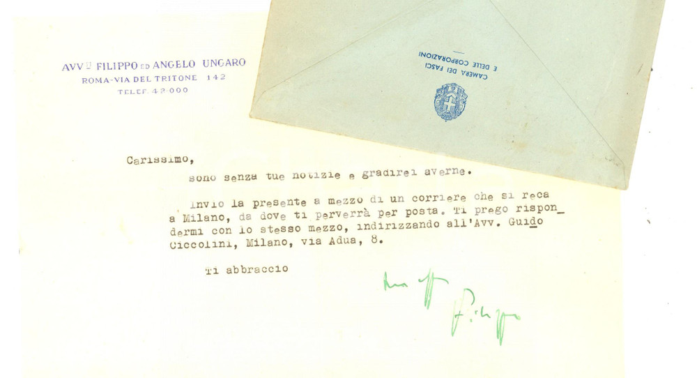 Autografo originale 1943 ROMA CAMERA DEI FASCI Lettera avv. Filippo UNGARO a un collega  AUTOGRAFO 1