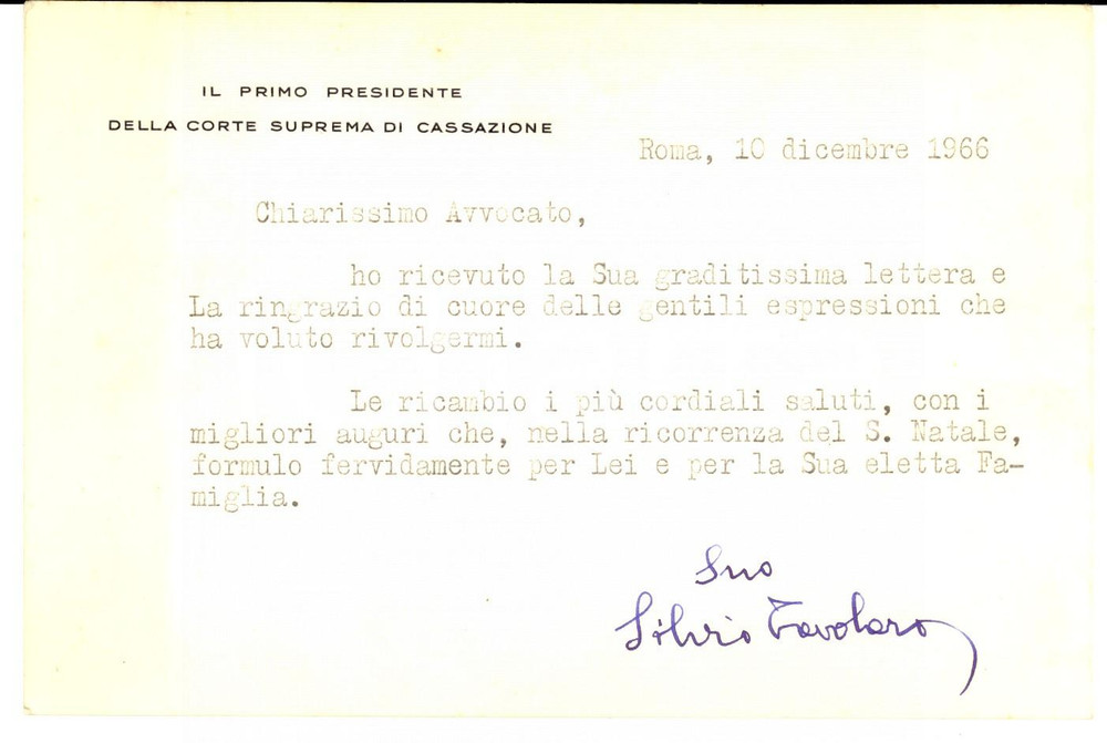 Autografo originale 1966 ROMA Biglietto Silvio TAVOLARO Primo presidente Corte Cassazione AUTOGRAFO 1