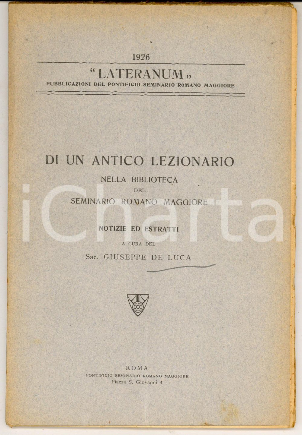 Libro, pubblicazione d epoca 1926 Giuseppe DE LUCA Di un antico lezionario nel Seminario Romano Maggiore 1