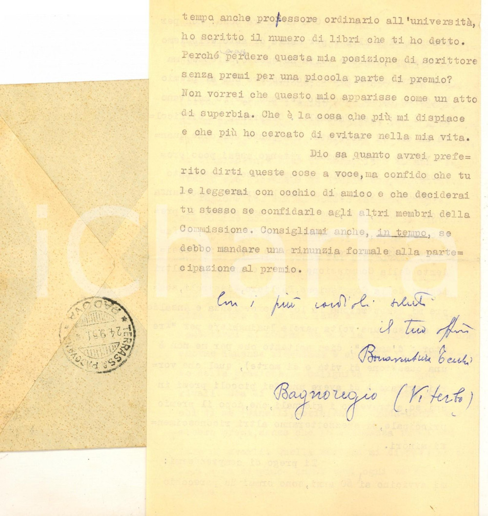 Autografo originale 1951 BAGNOREGIO Bonaventura TECCHI preme per vincere premio letterario AUTOGRAFO 1