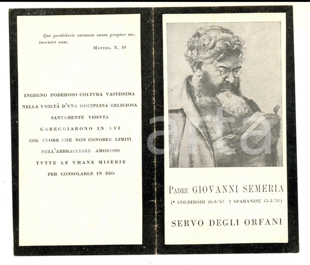 Oggetto da collezione cartaceo 1931 SPARANISE In memoria di padre Giovanni SEMERIA Santino con ritratto 1
