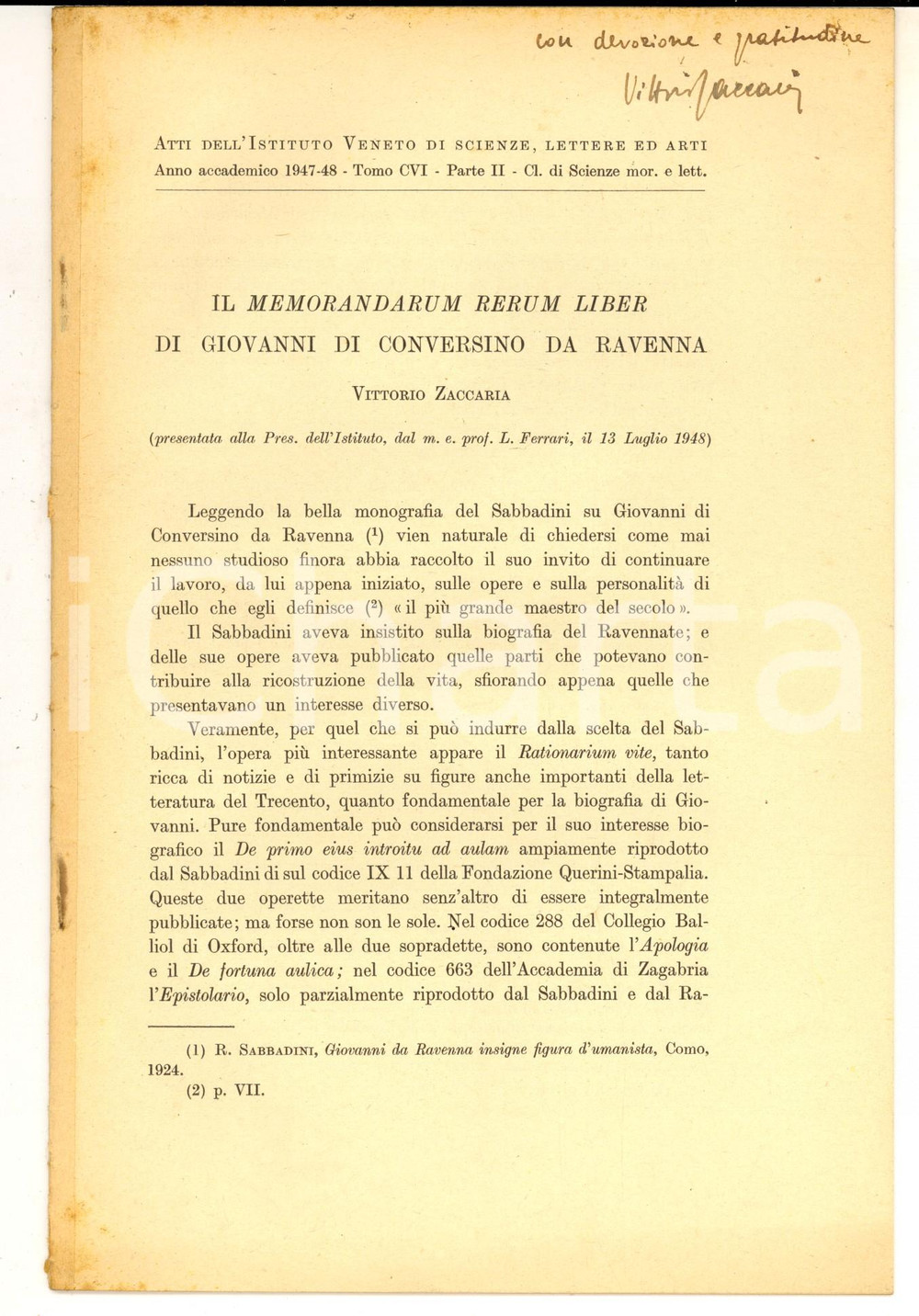Libro, pubblicazione d epoca 1948 Vittorio ZACCARIA Il Memorandum rerum liber   Invio autografo 1