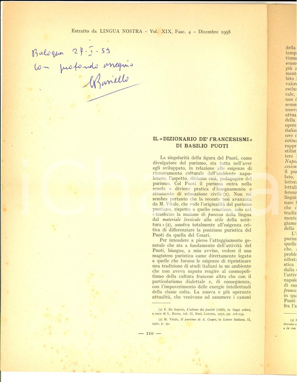 Libro, pubblicazione d epoca 1958 Luigi ROSIELLO Il dizionario de  francesismi di Basilio PUOTI  Autografo 1