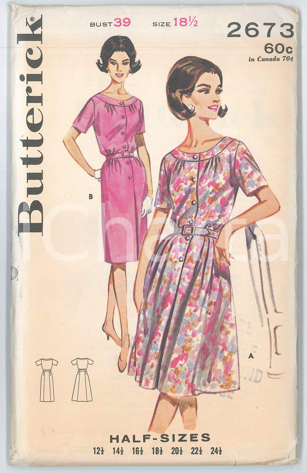 Stampa, bozzetto originale 1960 ca The BUTTERICK Company  Dress in half sizes  Pattern Cartamodello 1