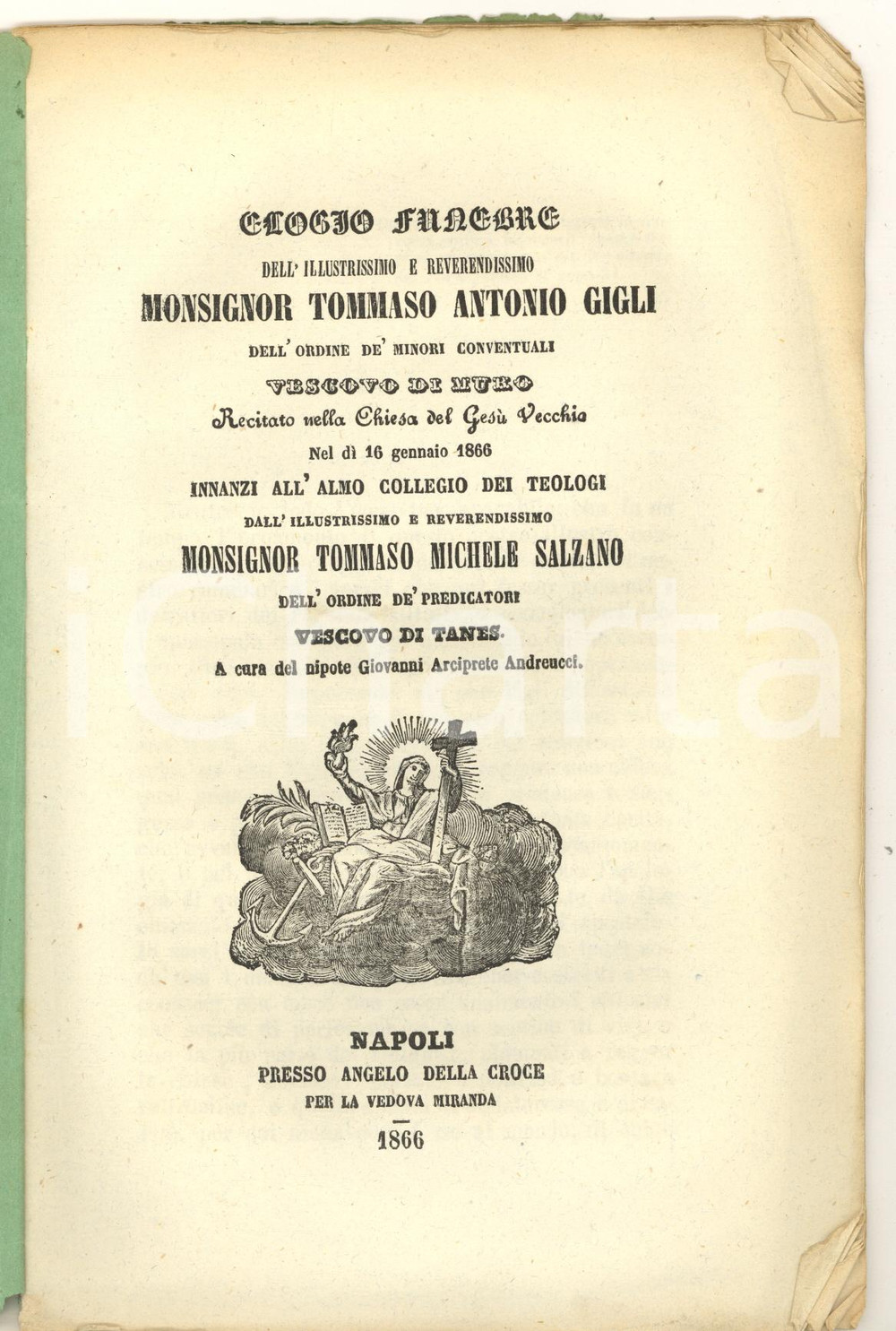 Libro, pubblicazione d epoca 1866 NAPOLI Elogio funebre mons. Tommaso Antonio GIGLI Vescovo di MURO 23 pp. 1