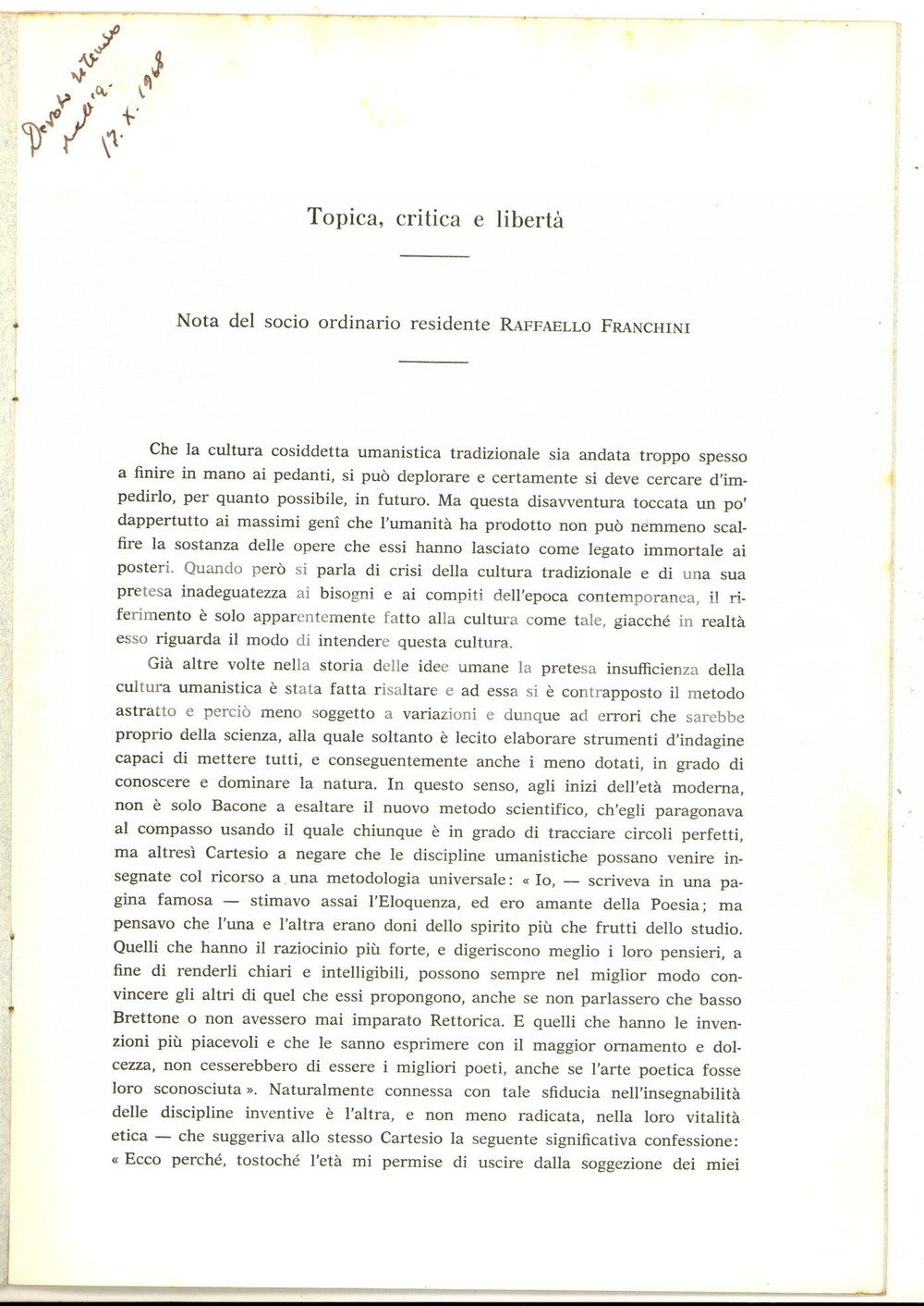 Libro, pubblicazione d epoca 1968 Raffaello FRANCHINI Topica, critica e libertÃ   Invio autografo 4 pp. 1