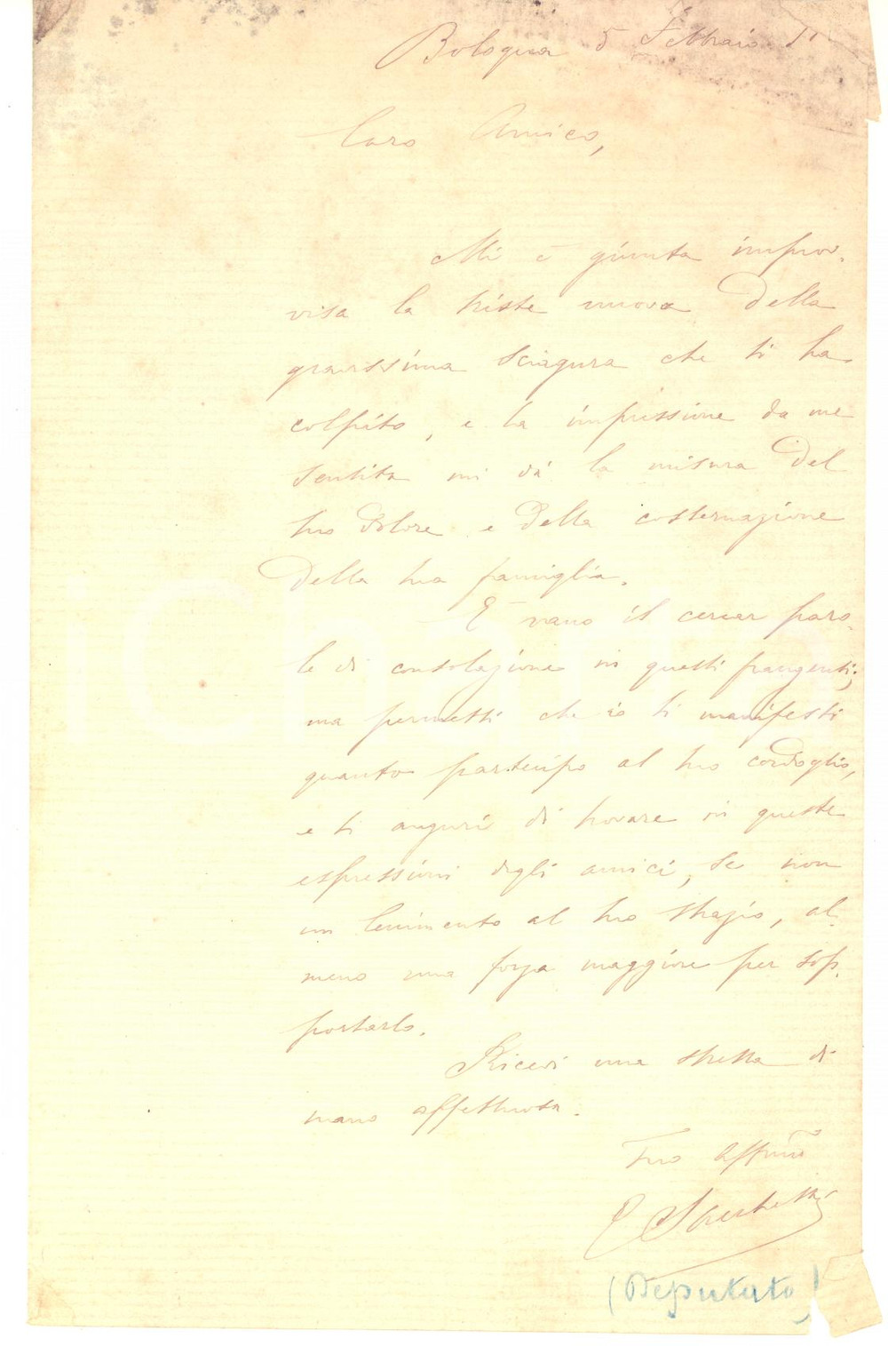 Autografo originale 1888 BOLOGNA Condoglianze on. Gualtiero SACCHETTI  Lettera AUTOGRAFA 1