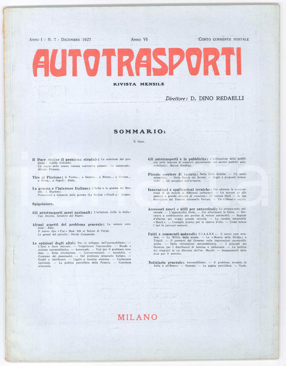 Giornale, rivista storica 1927 AUTOTRASPORTI Il Duce risolve il problema stradale  Rivista Anno I n°7 1