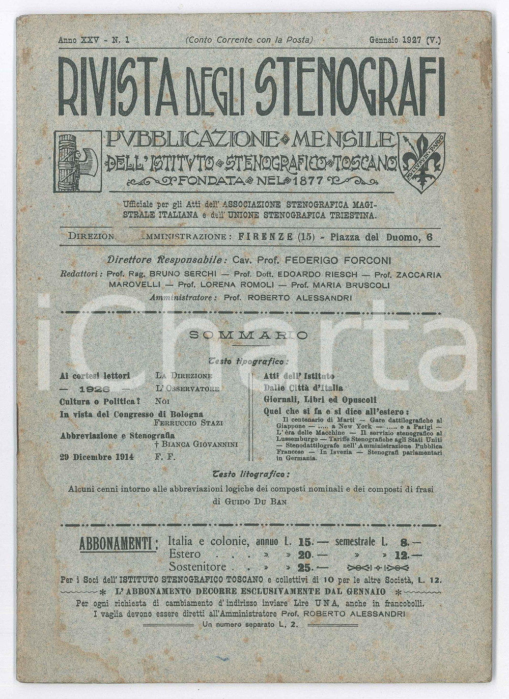 Giornale, rivista storica 1927 RIVISTA DEGLI STENOGRAFI In vista del congresso di Bologna  Anno XXV nÂ°1 1