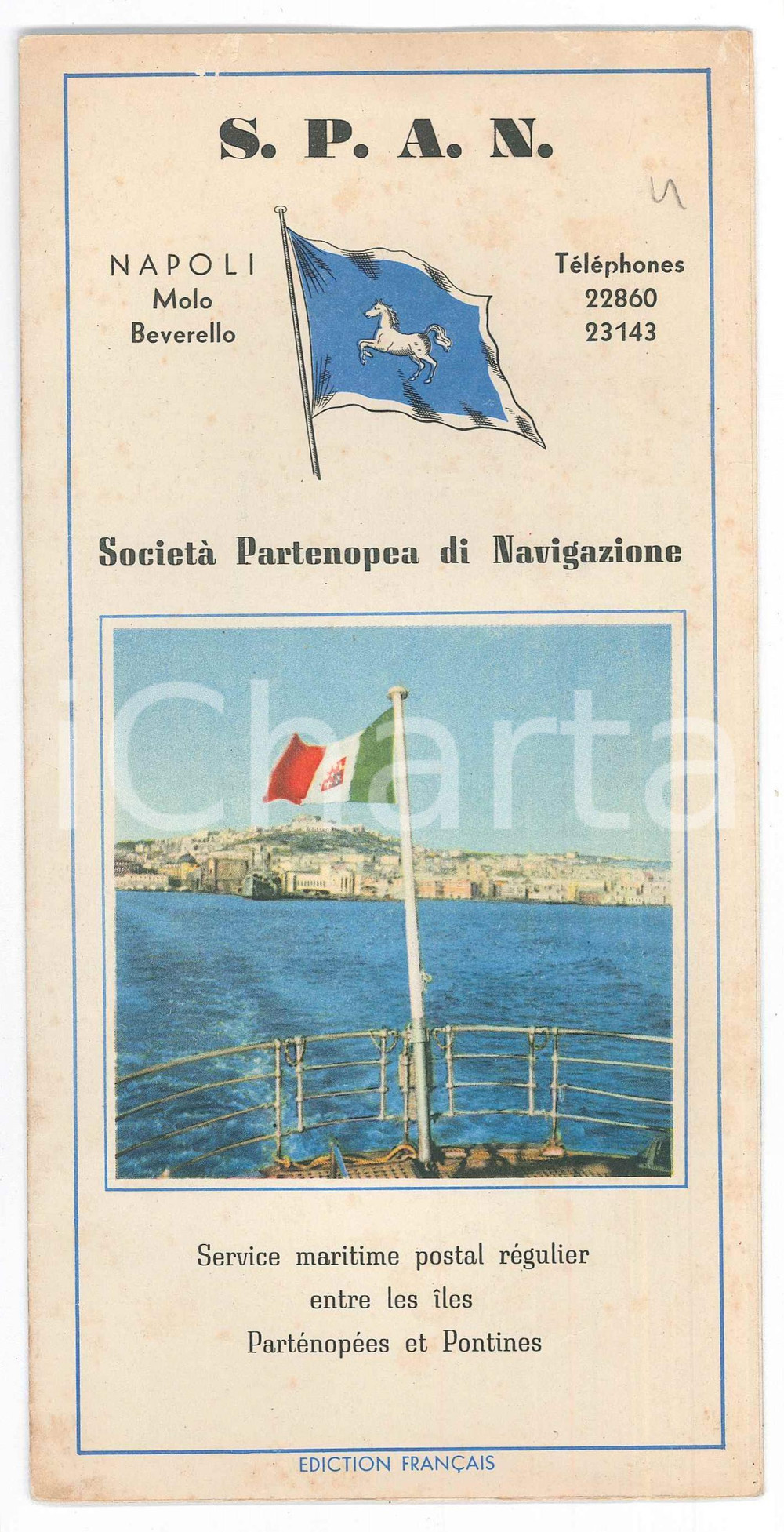 Materiale pubblicitario d’epoca 1950 ca NAPOLI SocietÃ  Partenopea Navigazione  Pieghevole illustrato FRANÃ‡AIS 1