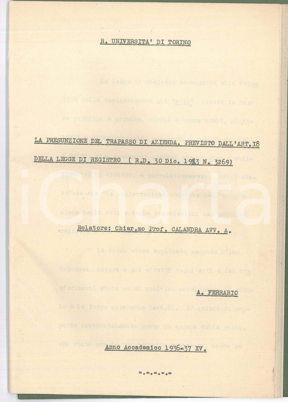 Libro, pubblicazione d epoca 1937 UniversitÃ  TORINO A. FERRARIO Presunzione del trapasso di azienda  Tesina 1