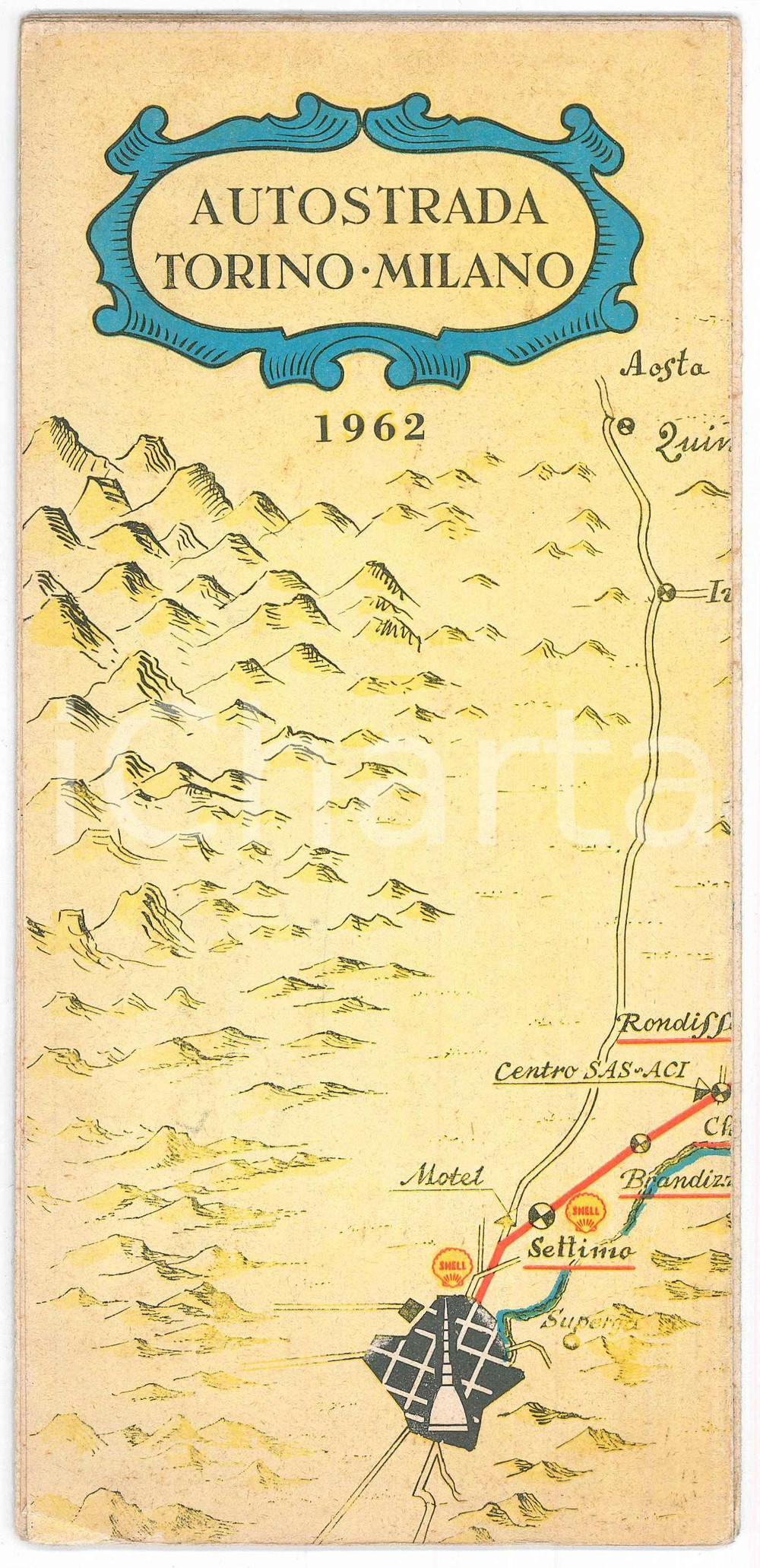 Materiale pubblicitario d’epoca 1962 Autostrada TORINOMILANO  Pieghevole con mappa SHELL Autogrill PAVESI 1