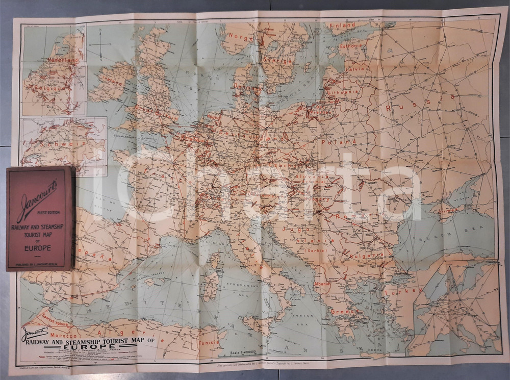 Mappa, planimetria storica 1920 ca JANCOURT S Railway and steamship tourist map of Europe 1st edition 1