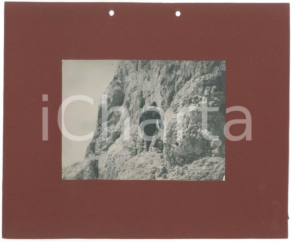 Fotografia d epoca originale 1908 DOLOMITI  MARMOLADA Alpinista sulla Parete Sud  Foto 17x12 cm 1