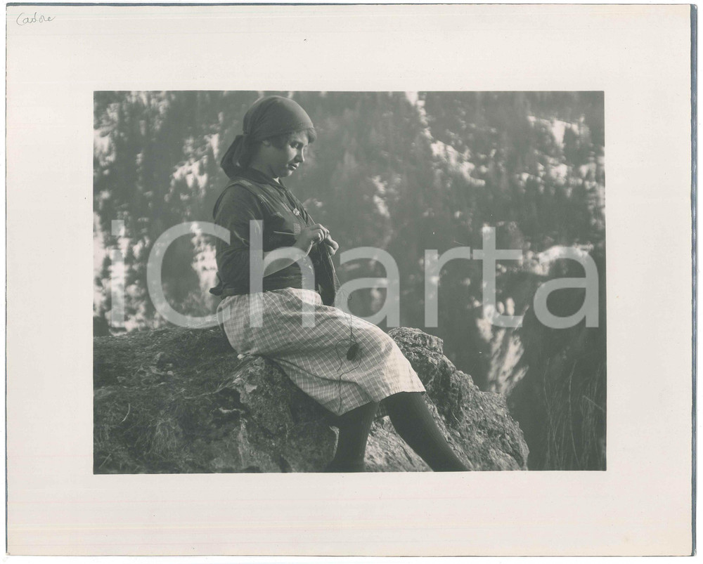 Fotografia d epoca originale 1940 ca DOLOMITI  CADORE Pastorella ricama al pascolo  Foto 30x24 1