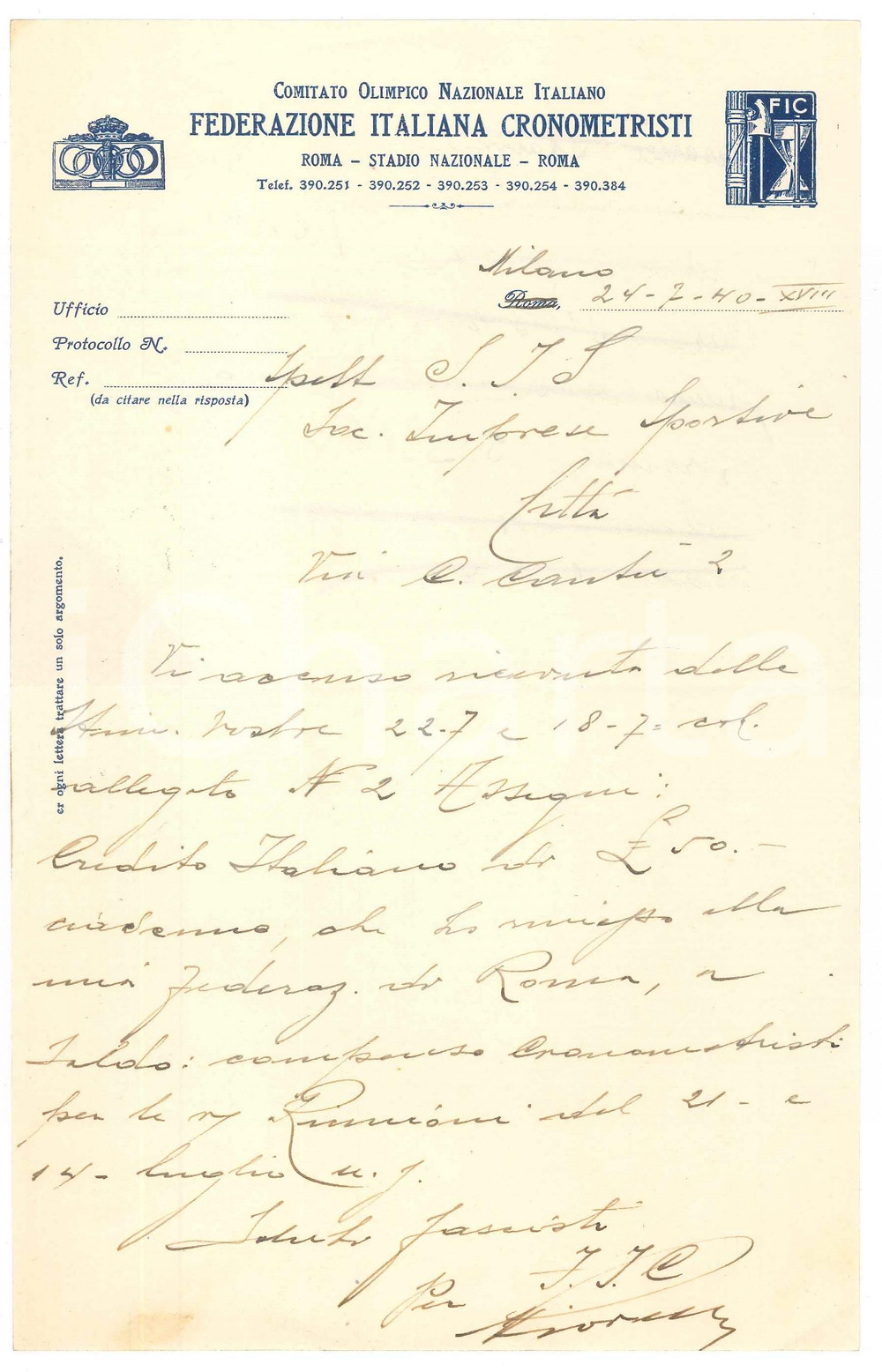 Manoscritto, lettera originale 1940 CICLISMO MILANO  CONI Federazione Italiana Cronometristi  Lettera 1